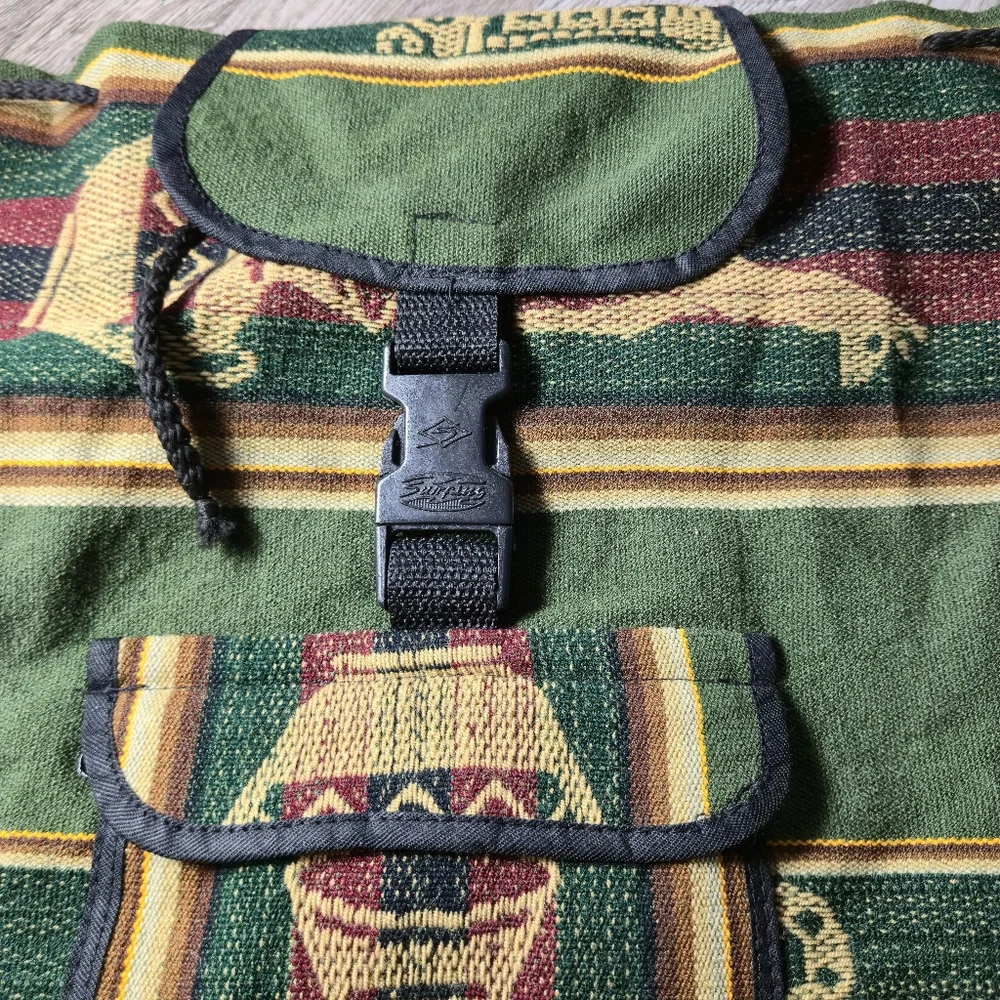 Unbranded OS Vintage Baja Woven Tapestry Backpack Boho Aztec Green Maroon - Picture 2 of 10